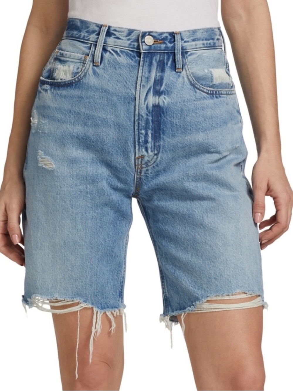 Frame Denim Light Blue Distressed High-Rise Bermuda Shorts
